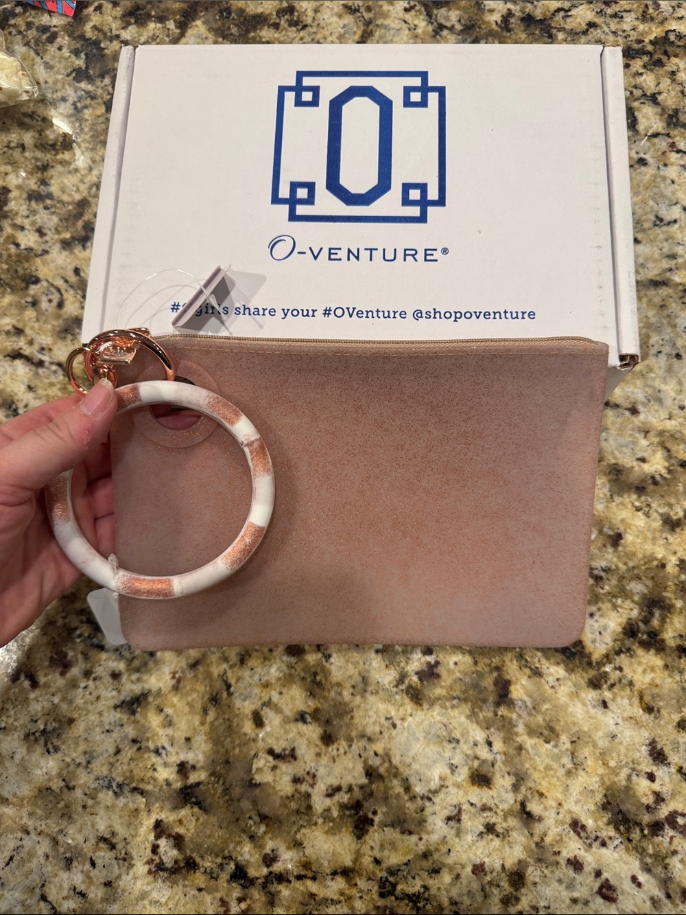 O-Venture Blush Glitter Pink Wristlet Clutch with Marbled Ring